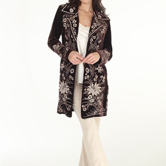 Coffee Embroidered Velvet Coat - Picture 1 of 6